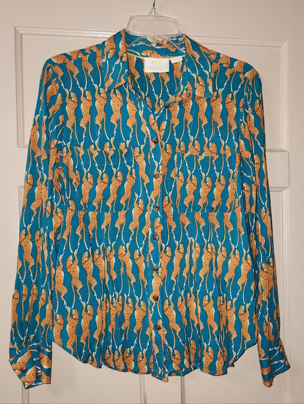 Maeve Anthropologie Teal Leaping Cheetah Print Button Down Shirt Blouse Size 10